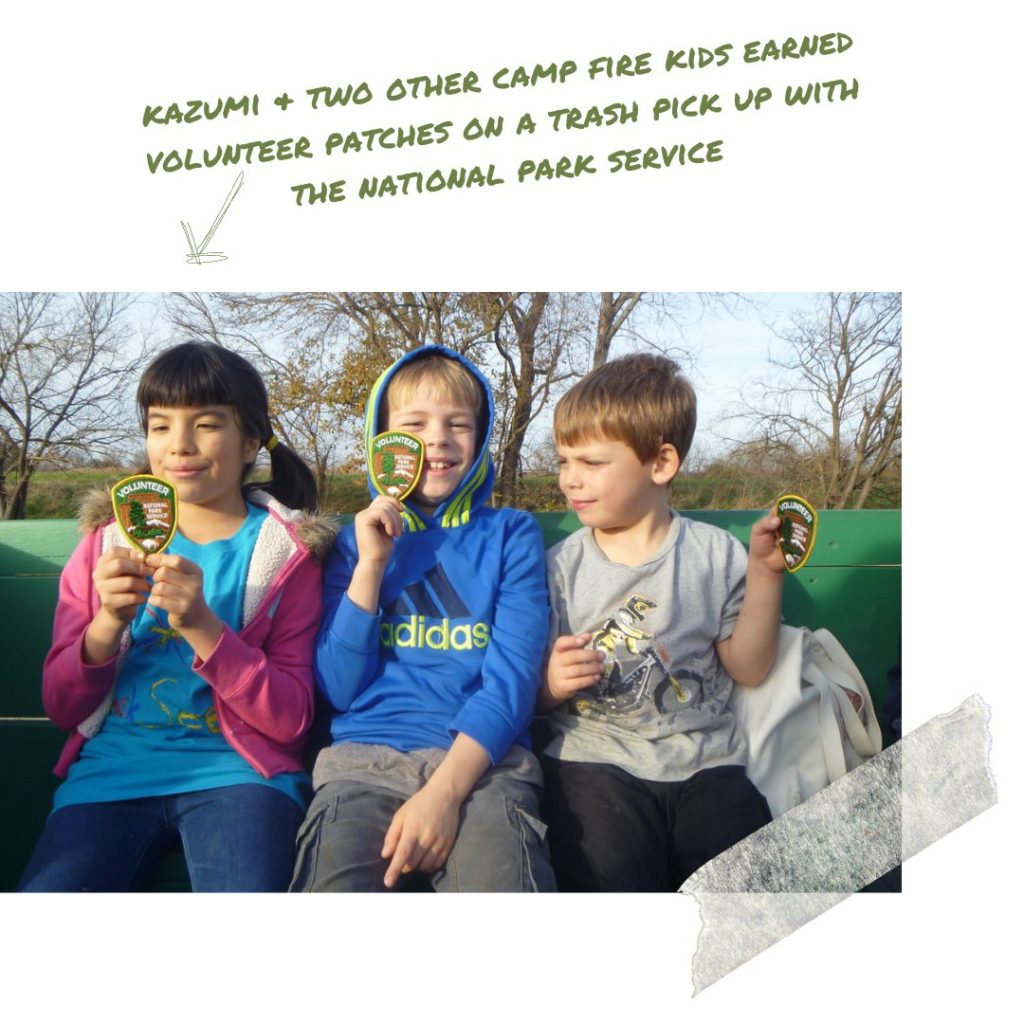 Kazumi and two other Camp Fire kids earned volunteer patches on a trash pick up with The National Park Service.