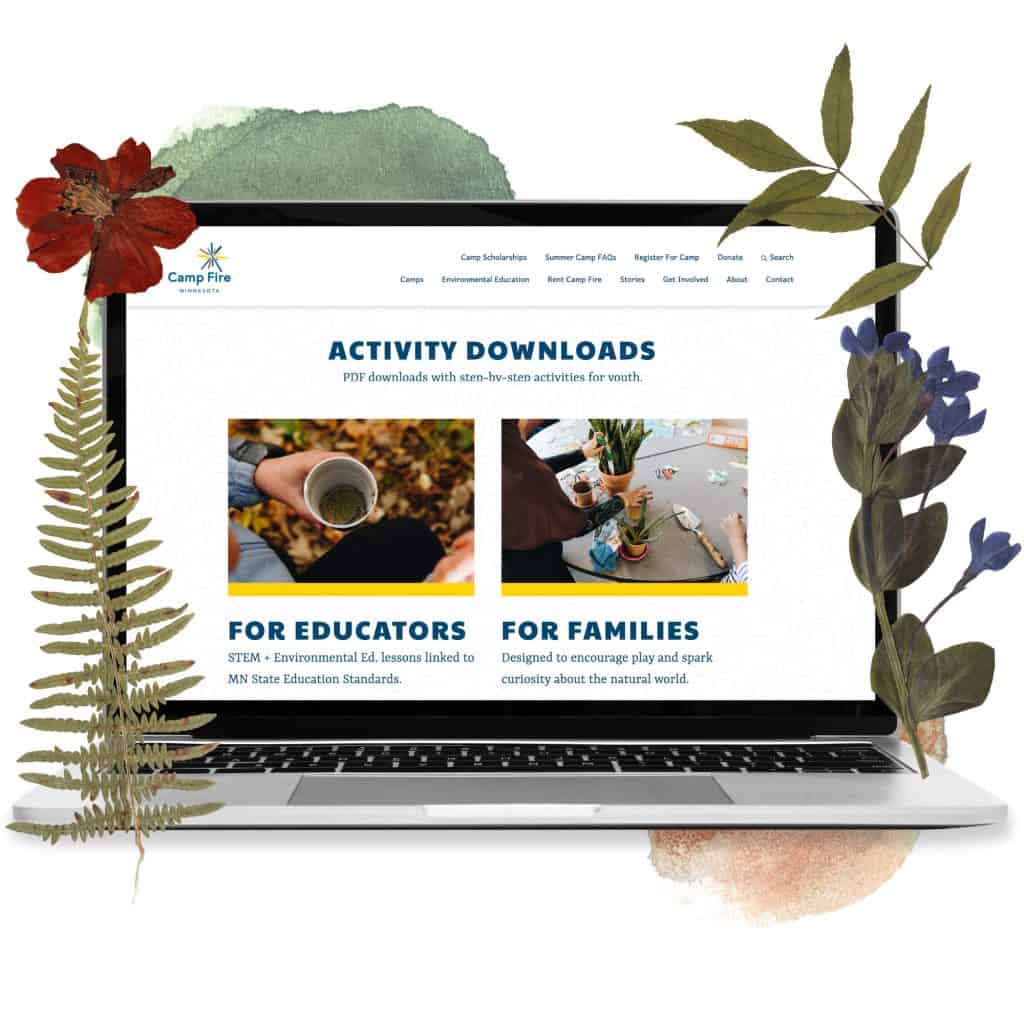 Laptop with the "free online outdoor learning resources" from Camp Fire Minnesota