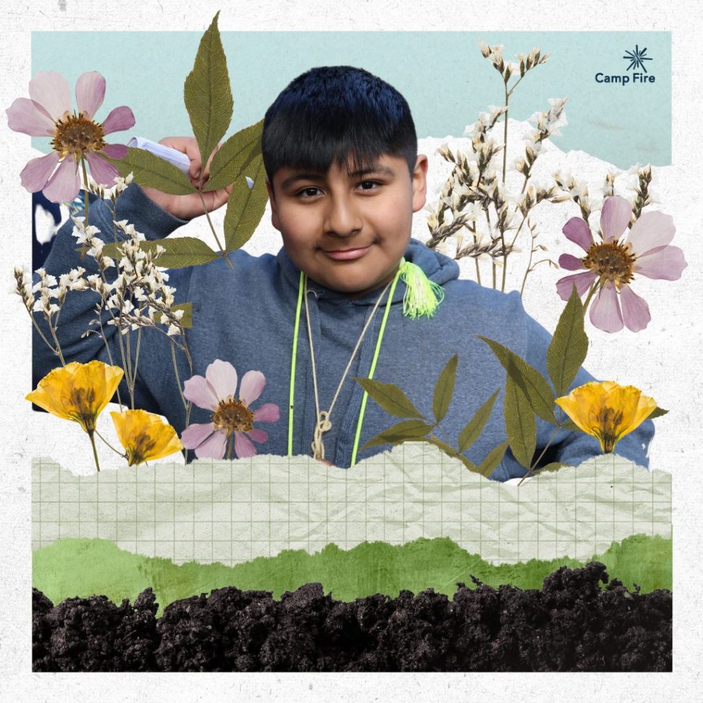 Boy smiling with background of flowers and texture paper.