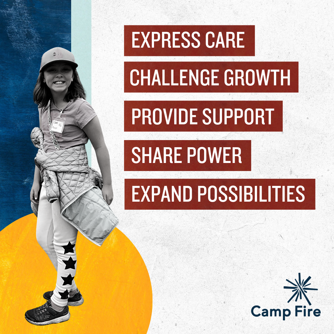 photo of girl in a hat smiling. Text tays "express care, challenge growth, provide support, share power, expand possibilities."